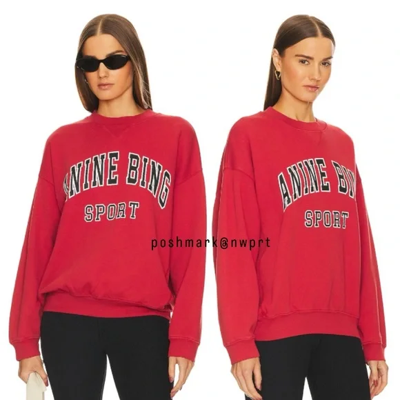 ANINE BING ♥️ Sport Jaci Graphic Logo Sweatshirt Pullover Red Black S Small - Picture 2 of 15
